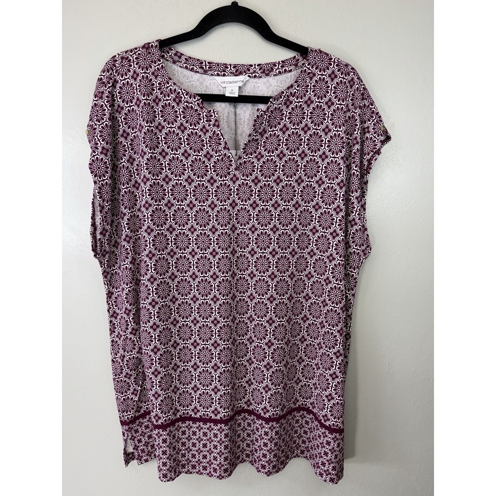 NWT Liz Claiborne Maroon/hite Geometric Patterned Top W Capped Sleeves Size 1X - Picture 1 of 5